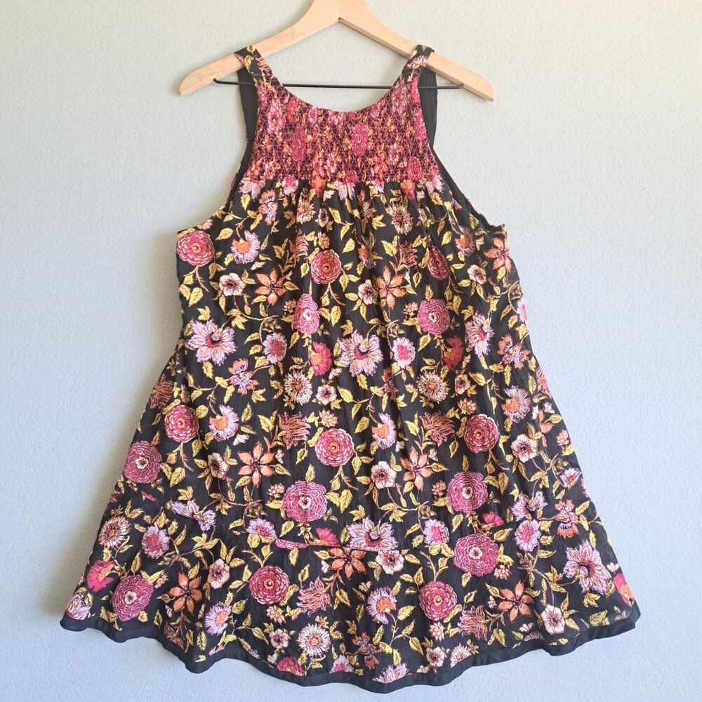 Free People Oh Baby Babydoll Dress XS Black Floral Cotton Sleeveless Summer Boho